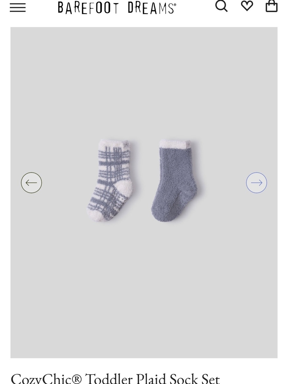 NWT Barefoot Dreams CozyChic Toddler Sock Pair in Gray and White Plaid